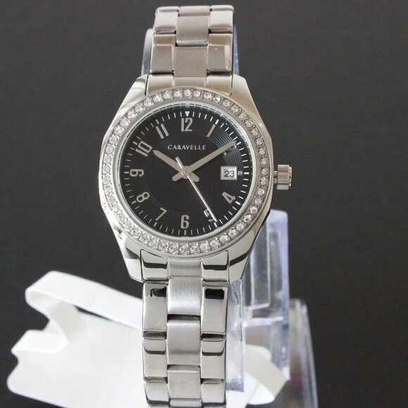Caravelle Ladies Dress Watch By Bulova Black Sunray Dial 48 Crystal Bezel 28mm - Picture 3 of 12